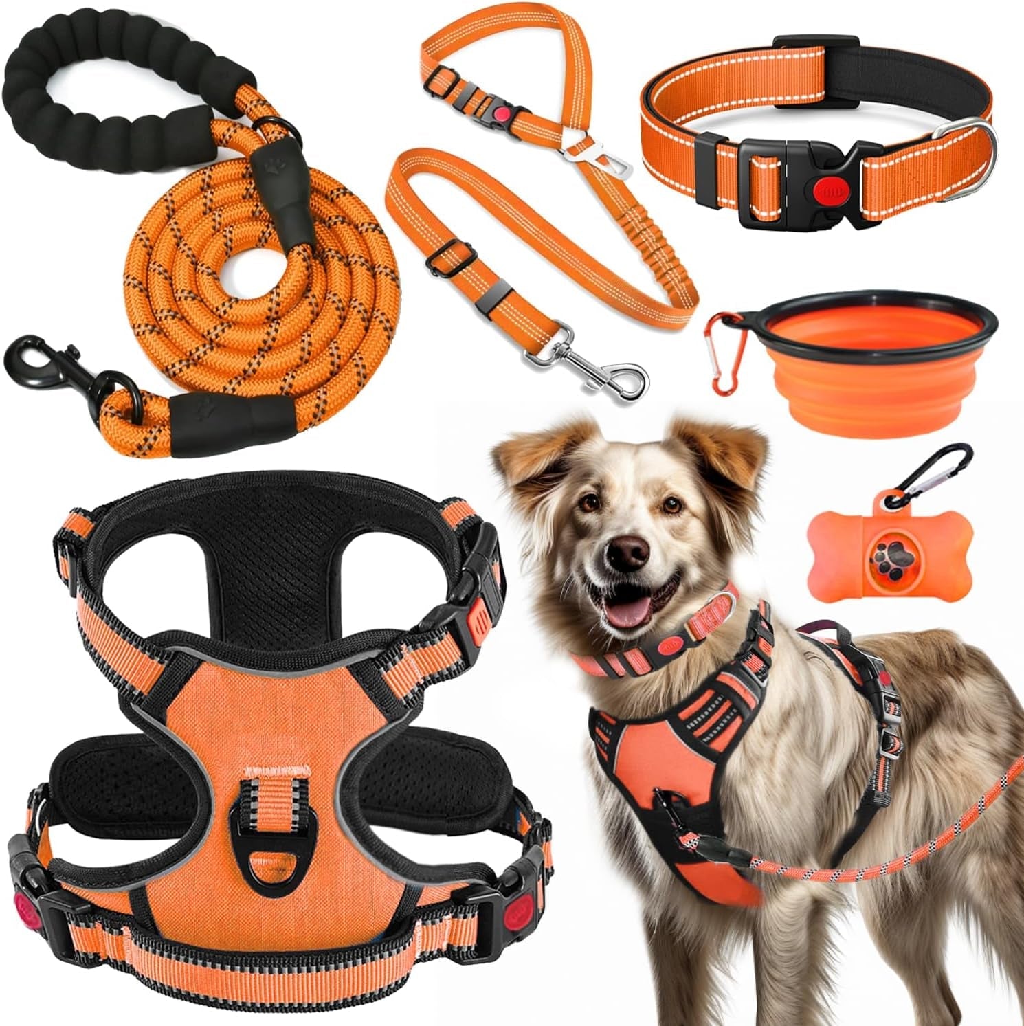 lobeve-no-pull-dog-harness-collar-leash-set-includes-dog-seat-belt-collapsible-bowls-poop-bag-dispenser-ideal-for-training-walking-hiking-fits-small-to-large-dogspink-l