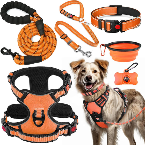 LOBEVE No Pull Dog Harness, Collar & Leash Set | Includes Dog Seat Belt, Collapsible Bowls & Poop Bag Dispenser. Ideal for Training, Walking, Hiking. Fits Small to Large Dogs(Pink-L)14