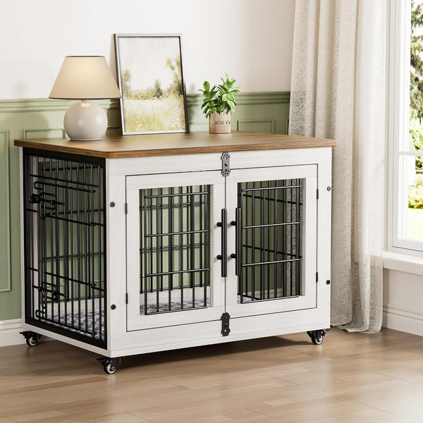 Medium Dog Crate Furniture, 32'' Heavy Duty Kennel W/Cushion & Wheels | Grey, Double Doors, Wooden Dog Cage, Chew-Resistant, End Table, Decorative, 27"/32"/38"/44" Options, Indoor19