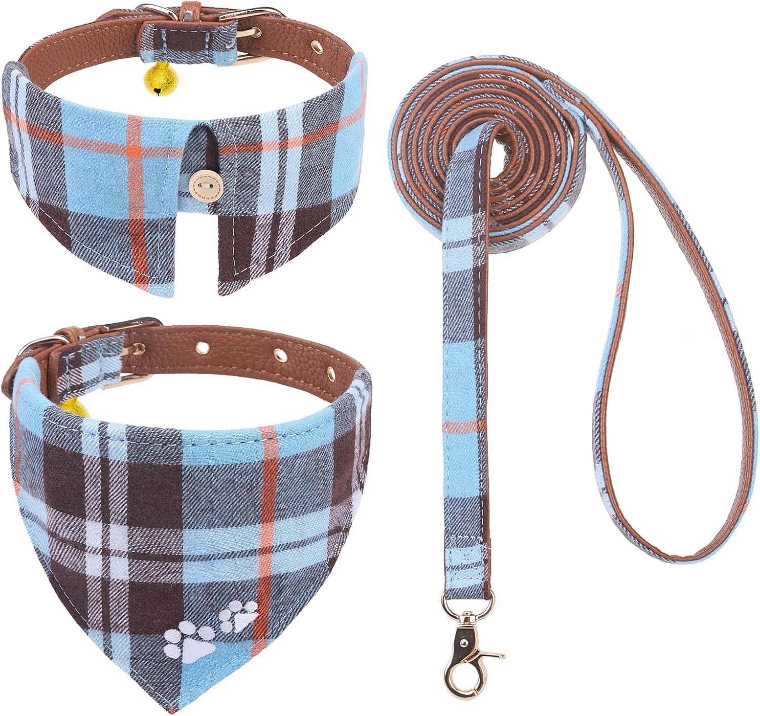 expawlorer-puppy-collar-and-leash-set-embroidery-pawprints-plaid-dog-collar-and-dog-leash-set-bow-tie-and-bandana-dog-collar-with-bell-cute-collar-and-leash-for-dogs-cats-outdoor-walking-blue-s