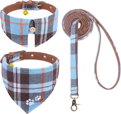 EXPAWLORER Puppy Collar and Leash Set - Embroidery Pawprints Plaid Dog Collar and Dog Leash Set, Bow Tie and Bandana Dog Collar with Bell, Cute Collar and Leash for Dogs Cats Outdoor Walking, Blue S13