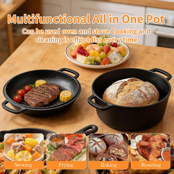 Pre-Seasoned Cast Iron Dutch Oven for Bread Baking - Incl. Sourdough Bread-Baking Supplies like Proofing Basket, 2-In-1 Dutch Oven Pot with Skillet Lid and Dual Handles, Sour Dough Tools, Lame, 5QT6