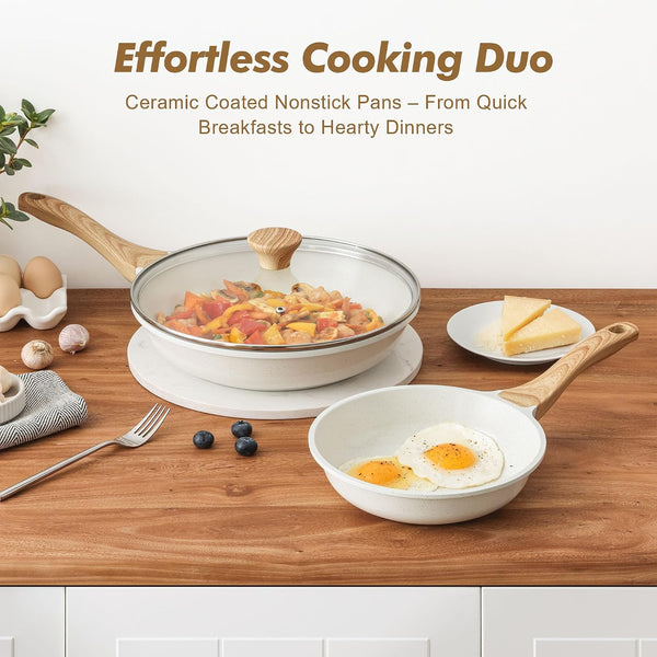 Ceramic Nonstick Frying Pan Skillets, White (8+11Inch with Lid) | Healthy Ceramic Nontoxic Coating, PTFE & PFAS Free. Compatible with All Stoves Including Induction Cooktops. Easy to Clean.5