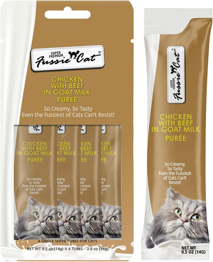 Fussie Cat Premium Tuna with Salmon in Goat Milk Puree, Lickable Cat Treats, 0.5Oz Pouch Pack of 47