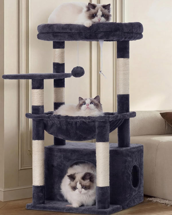 Heybly Cat Tree, Kitten Tower with Large Soft Cat Basket,Cat Condo with Spacious Cat Bed Cave with Hidden Space，Sisal-Covered Scratching Posts,Dangling Ball for Indoor Cats, Light Gray HCT008SW10