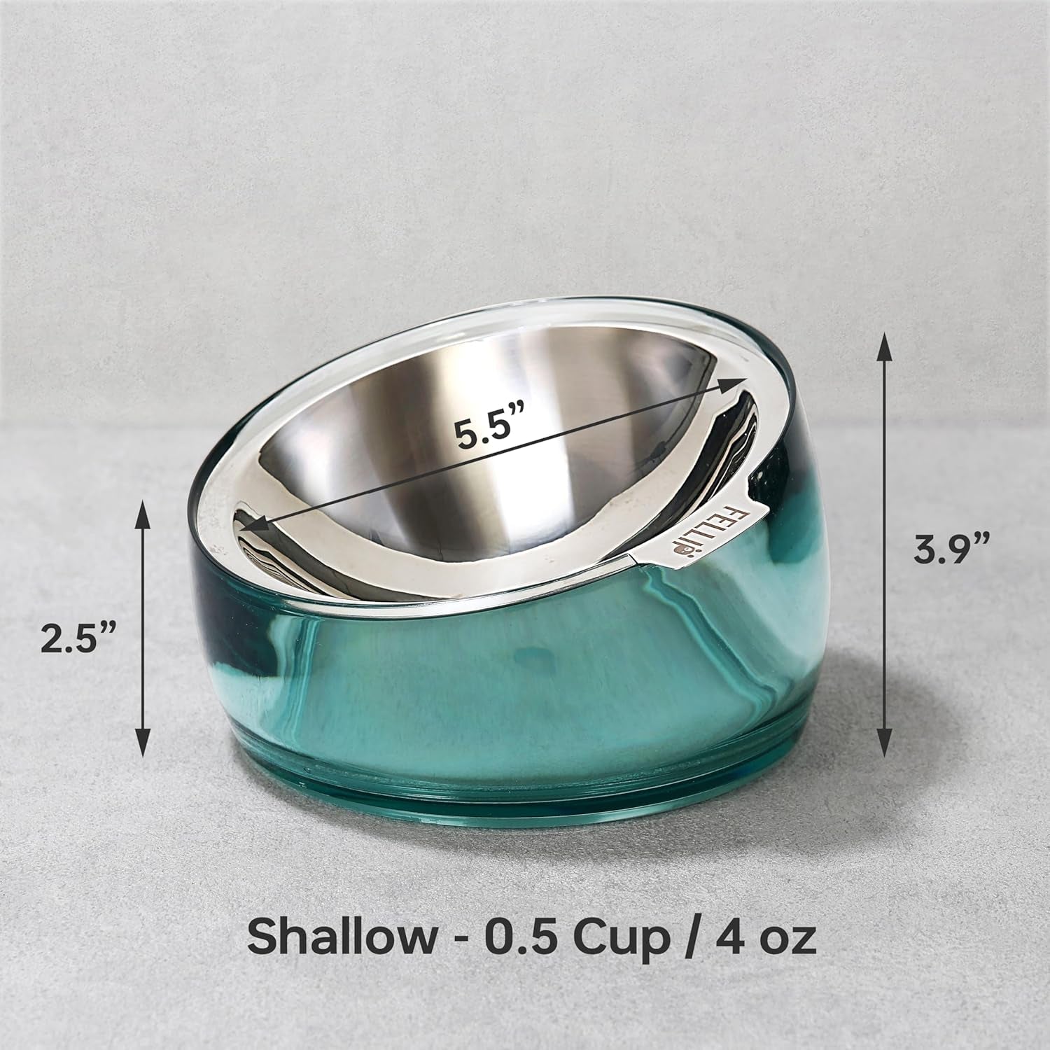 felli-oblik-elevated-cat-bowl-removable-stainless-steel-wide-dish-for-dry-wet-food-feeding-dishwasher-clean-slanted-whisker-fatigue-friendly-metal-plate-classic-0-5-cups-shallow-dish