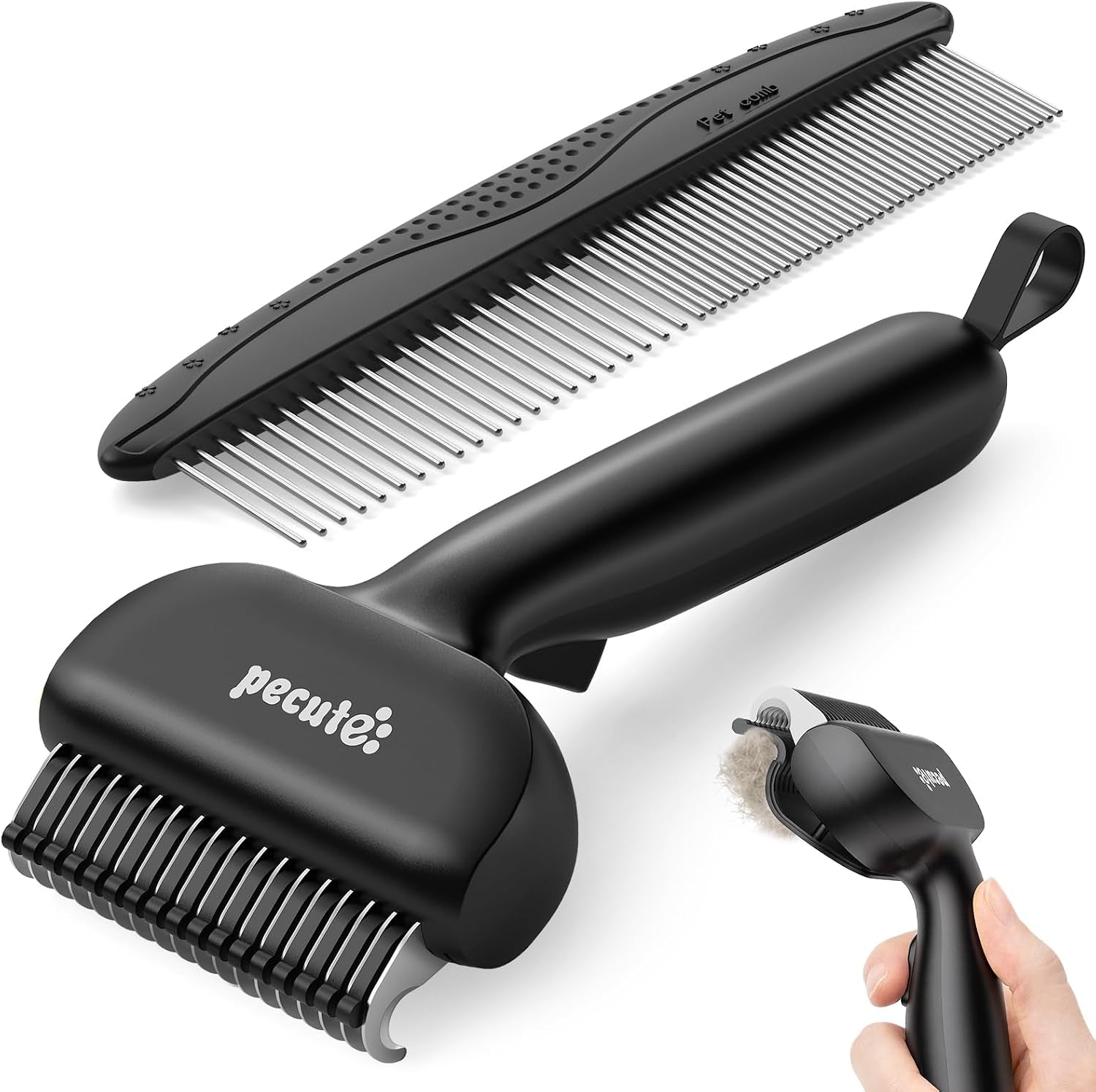 pecute-self-cleaning-undercoat-rake-for-dogs-cats-with-thick-double-coats-1-click-clean-304ss-18-rounded-teeth-for-seasonal-heavy-shedding-matting-gentle-on-pets-ideal-for-long-dense-coats