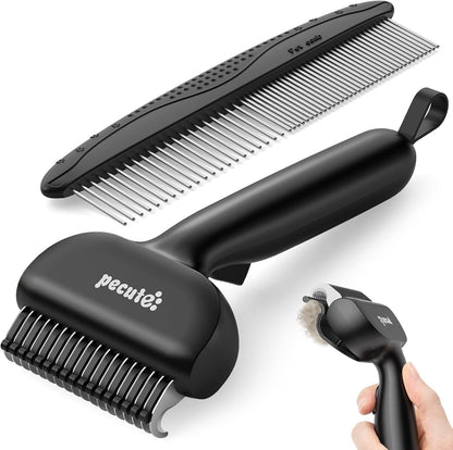 Pecute Self-Cleaning Undercoat Rake for Dogs Cats with Thick Double Coats | 1-Click Clean, 304SS, 18 Rounded Teeth, for Seasonal Heavy Shedding & Matting, Gentle on Pets, Ideal for Long/Dense Coats1