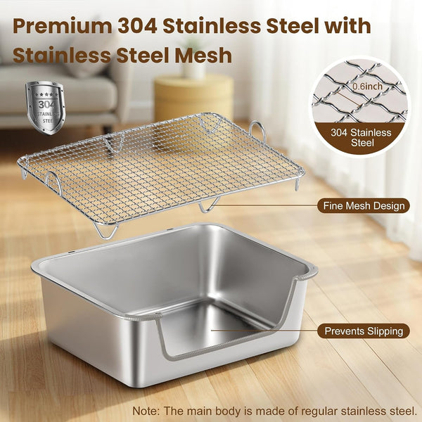 Rabbit Litter Box, Extra Large Bunny Litter Box with 304 Stainless Steel Sifting Tray & Hooks, Rabbit Litter Box, Easy to Clean and Odor Control (17.7" × 13.8" × 5.9")3