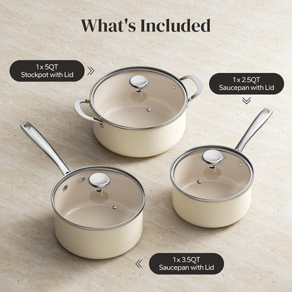 Stock Pot Set with Lid 5Qt, Ceramic Saucepan Set 2.5/3.5Qt, Induction Cooking Pot Set, Nonstick Cookware Set for Stoves, Even Heat, Stay-Cool Handle, Oven/Dishwasher Safe, PFAS Free (Beige)9