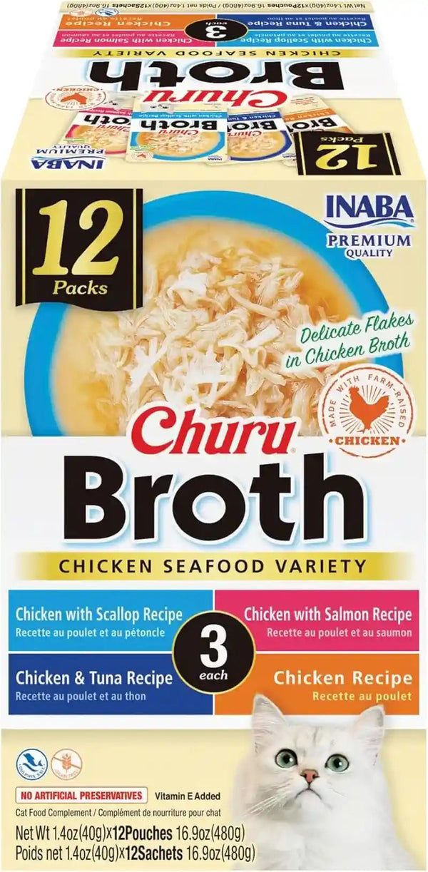 INABA Churu Broth for Cats, Side Dish Pouch, 1.4 Ounces per Pouch, 12 Pouches, Chicken & Seafood Variety1