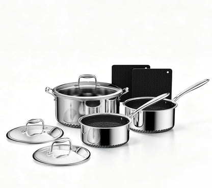 Hybrid Nonstick 8-Pc Stainless Steel Cookware Set,Pots and Pans Set | with 2 Silicone Trivets, 2/3/8-Qt Pots, Etched Surface&Stay-Cool Handles Dishwasher&Oven-Safe, Compatible with All Cooktops1