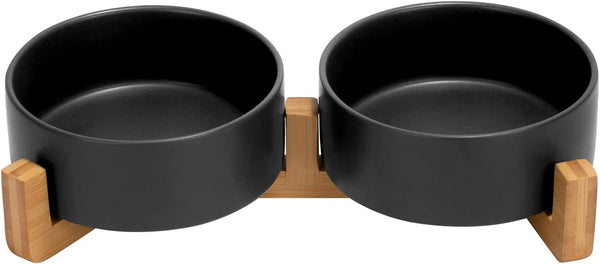 SPUNKYJUNKY Ceramic Dog and Cat Bowl with Wood Stand Non-Slip Matte Glaze Weighted Food Water Set for Cats &Small Dogs 13.5OZ14