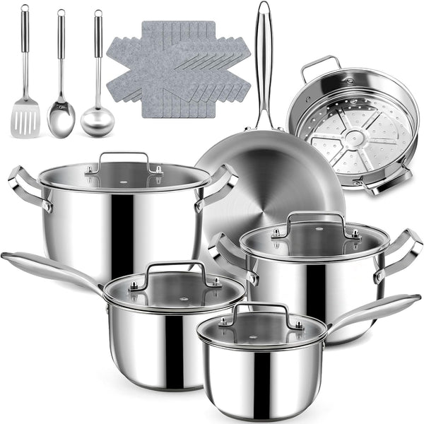 Stainless Steel Cookware Set - 20 PCS Pots and Pans Set with 3-Ply Stainless Steel Frying Pan, Professional Kitchen Cooking Set, Induction Compatible, Oven & Dishwasher Safe1