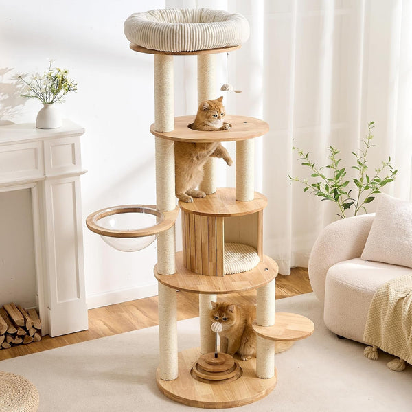 Modern Cat Tree Small Tower with Scratching Post for Indoor, 28 Inch Solid Wood Multifunctional Corner Cat Tree Tower with Bed, Dangling Ball,Interactive Rope, Scratching Board10