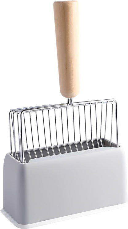 11 in Long Handle Cat Litter Scoop Set, Gray Metal, Rustproof 6.7 in Wide Sifter with Wooden Grip, Included Abs Base & Holder Stand1