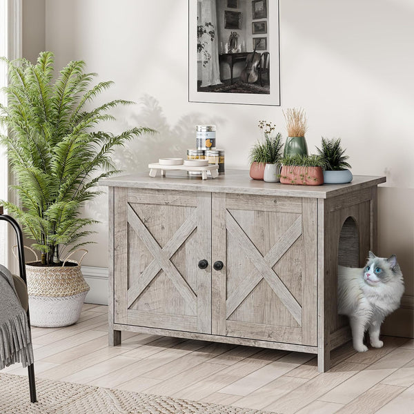 JY QAQA Cat Litter Box Enclosure,Litter Box Furniture Hidden with Barn Door,Wooden Washroom Furniture,Cat House,Fit Most of Litter Box7