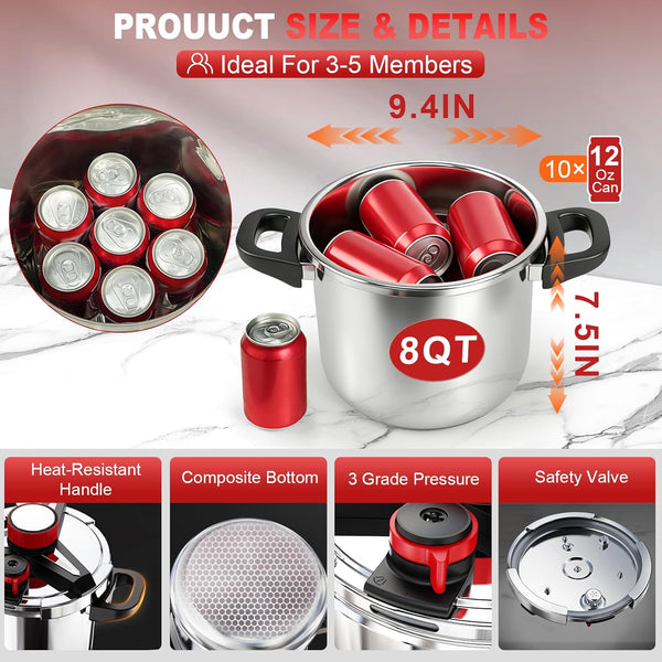 3-In-1 304 Stainless Steel Pressure Cooker 8 QT: [Save 70% Time] | [3 PSI Settings], One-Hand Locking Pressure Canner, Induction Compatible Olla De Presion, Glass Lid & Steamer Rack Included6