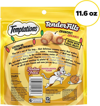 Temptations Tender Fills Adult Cat Treats, Festive Feast Flavor, 11.6 Oz | 2X More Creamy Filling than Classic, Real Meat, No Artificial Flavors, Crunchy Shell with Soft Center, Resealable Pouch2