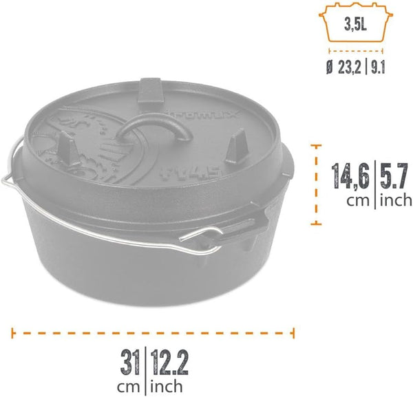 Cast Iron Dutch Oven for Cooking or Baking Outdoors over a Campfire or in the Home Kitchen, Pre-Seasoned Cookware Conducts Heat Evenly, Flat Base3