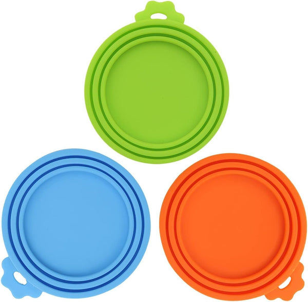 SHENGQIDZ 3 Pack Pet Food Can Covers Universal Can Lids Safe/Silicone Dog&Cat Food Can Lid Covers (Green+Blue+Orange)1