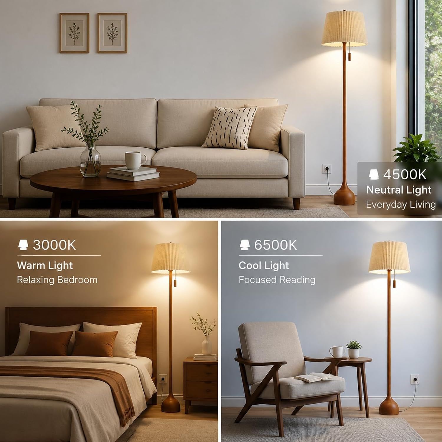 mid-century-modern-real-wood-floor-lamp-with-2-shades-for-two-looks-65-tall-sculptural-teardrop-base-wooden-pull-chain-vintage-standing-lamp-linen-shades-living-room-bedroom-bulb-included