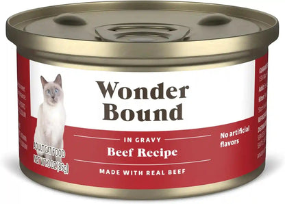 Amazon Brand - Wonder Bound Gourmet Wet Cat Food in Gravy Variety Pack (Turkey, Chicken, Beef), Poultry, Made in USA, 3 Ounce (Pack of 24)10