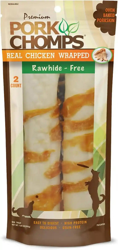Pork Chomps Baked Pork Skin Dog Chews, 8 in Rolls, Chicken, 2 Count | Made with a Real Chicken Wrap over Oven-Baked Pork Skin - Rawhide-Free, Low in Fat, and Easy to Digest1