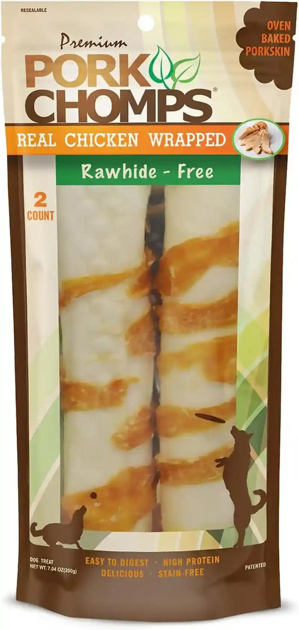 Pork Chomps Baked Pork Skin Dog Chews, 8 in Rolls, Chicken, 2 Count | Made with a Real Chicken Wrap over Oven-Baked Pork Skin - Rawhide-Free, Low in Fat, and Easy to Digest1