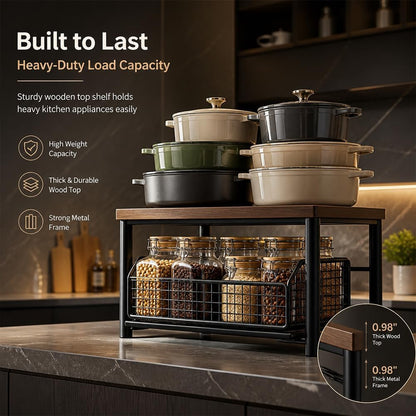 Kitchen Countertop Organizer with Drawers,Microwave Oven Rack，Natural Wood | Microwave Storage Rack with Pull-Out Drawer Basket,Space-Saving Counter Shelf Rack for Kitchen,No Installation Required5