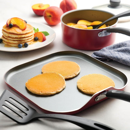 18 Piece Nonstick Cookware Set - Red - Aluminum Construction, Dishwasher Safe, Compatible with Gas, Electric, Ceramic Cooktops - Includes Sauté Pans, Griddle, Dutch Oven, Cooking Utensils3