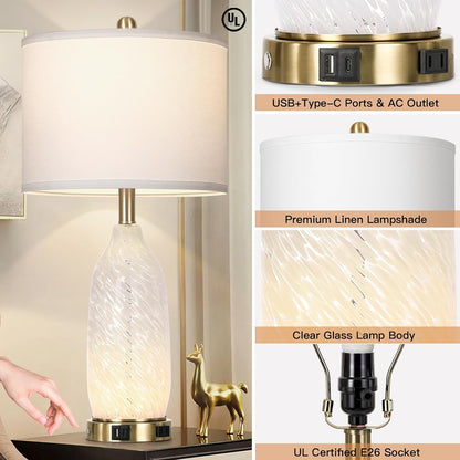 26" Modern Clear Glass Table Lamps Set of 2,Nightstand Lamp with USB A+C Ports & AC Outlet,Bedside Lamps with 3-Way Dimmable Touch Control Night Light for Bedroom Living Room(Bulbs Included)2