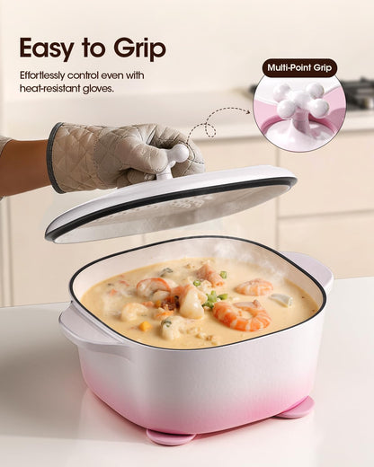 5 Qt Enameled Cast Iron Dutch Oven with Lid, Cream Pink White | 6-Layer Nonstick Enamel, Extra Capacity Oval Design, Heavy Self-Basting Lid, Heat-Resistant Silicone Pad Included4