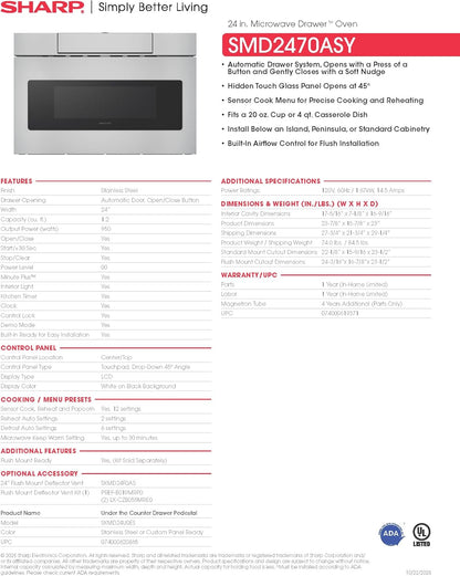 SMD2470ASY 24 In. 1.2 Cu. Ft. Built-In Microwave Drawer Oven | 1.2 Cubic Feet, 950 Watt, Concealed Control Panel, Digital LCD Display11