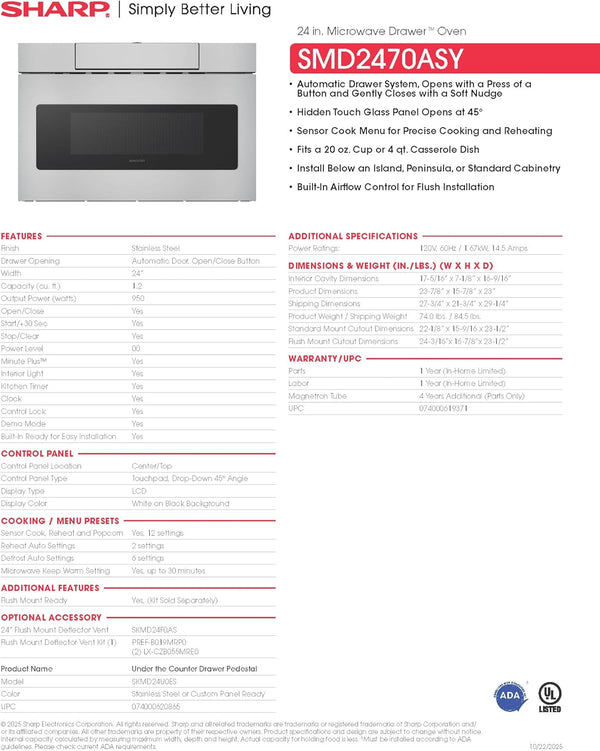 SMD2470ASY 24 In. 1.2 Cu. Ft. Built-In Microwave Drawer Oven | 1.2 Cubic Feet, 950 Watt, Concealed Control Panel, Digital LCD Display11
