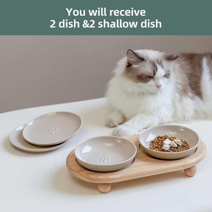 Havniva Elevated Cat Bowls, Cat Food and Water Bowl Set, Ceramic Cat Bowl | Raised Cat Food Bowls, Whisker Friendly, 5.6” Shallow Cat Dishes + 6” Wide Cat Plates, Non-Slip Wood Stand, Two Heights6