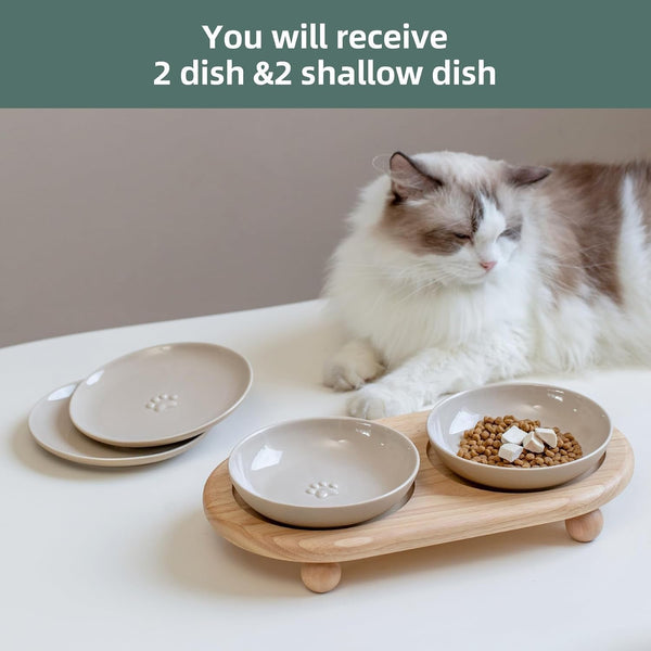 Havniva Elevated Cat Bowls, Cat Food and Water Bowl Set, Ceramic Cat Bowl | Raised Cat Food Bowls, Whisker Friendly, 5.6” Shallow Cat Dishes + 6” Wide Cat Plates, Non-Slip Wood Stand, Two Heights6