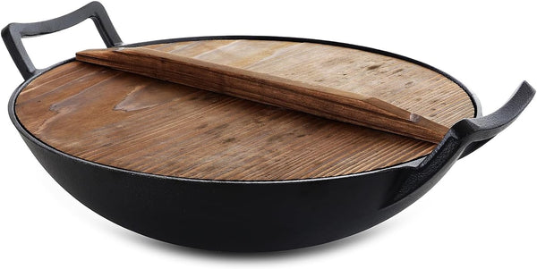 Megachef 2 Piece 14 Inch Heavy Duty Cast Iron Wok with Wood Lid6
