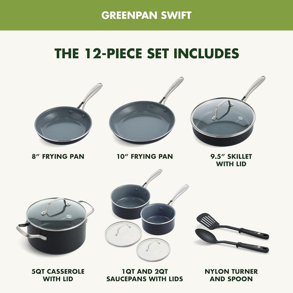 12 Piece Nonstick Swift Cookware Set, Ceramic Pfas-Free Pots & Pans with Lids, Dishwasher & Oven/Broiler Safe to 600F, Kitchen Cooking Set, Sauce, Saute, Stock, Frying Pans, Gray3