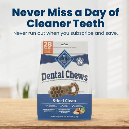 Blue Buffalo Natural Dental Chews for Small Dogs 5-20 Lbs., Chicken & Spearmint, Daily Teeth Cleaning Dog Treats, Enhanced with Vitamins & Minerals, 11.3-Oz. Bag (28 Treat Count)10