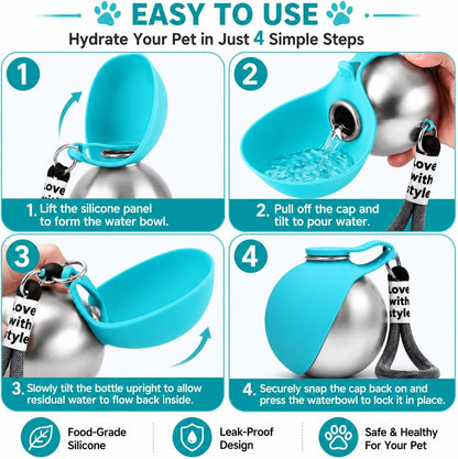 Portable Dog Water Bottle 10Oz Stainless Steel Travel Dog Water Dispenser with Bowl No-Spill Puppy Water Bottle for Walking Hiking Small Dog Water Bottles Leak-Proof Collapsible Silicone Bowl5