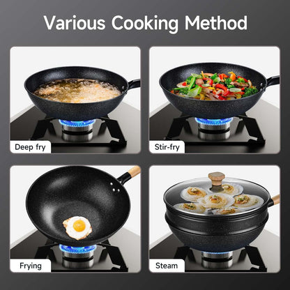 Non-Stick Wok with Steamer Basket,12 Inches Stir Fry Pans with Lid, Flat Bottom Pan Multifunctional Cookware Chinese Woks for Induction, Gas, Halogen6