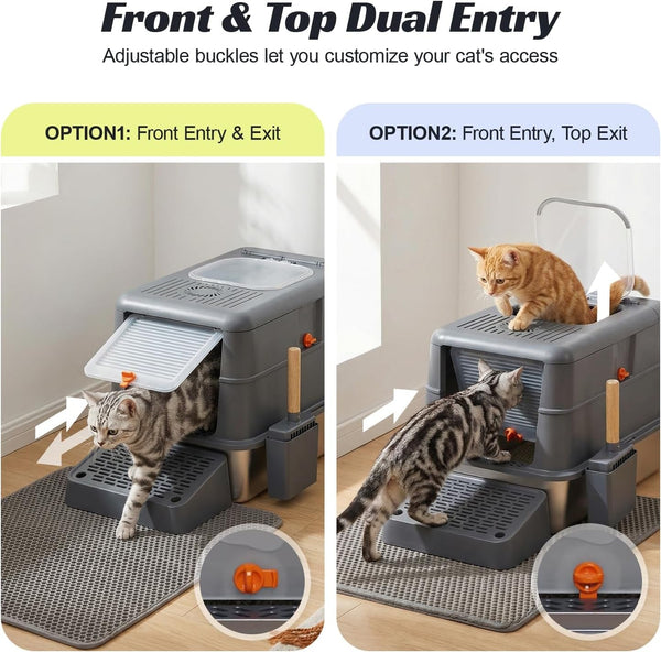 Stainless Steel Litter Box, Extra Large Enclosed Cat Litter Box with Dual Entry, Odor Control Lid & Tool-Free Assembly, Premium Metal Litter Box for Cats, Multi-Cat & Dog-Proof Homes, Grey2