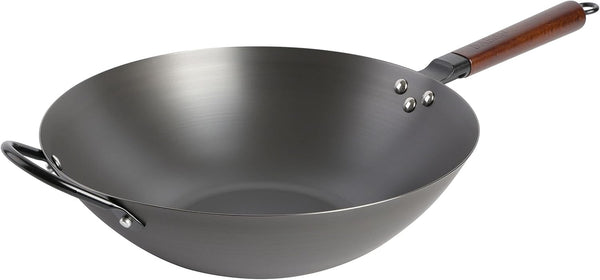 Carbon Steel Wok 14 Inch Flat Bottom Stir Fry Pan Durable Heavy Duty Cookware for High Heat Cooking Stir Fry Sautéing Frying Compatible with Gas Electric and Induction Stovetops1