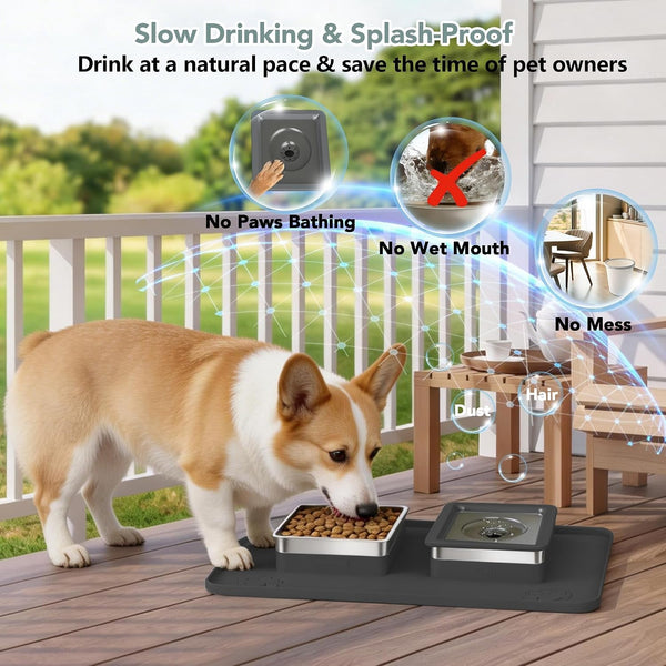 No Spill 1.5L Large Stainless Steel Dog Water and Food Bowl Set | 2-In-1 304 Material Bowl Set, No-Spill Water/Food, Floating Disk Slows Drinking, Anti-Slip Mat, Easy to Clean, Home/Travel4