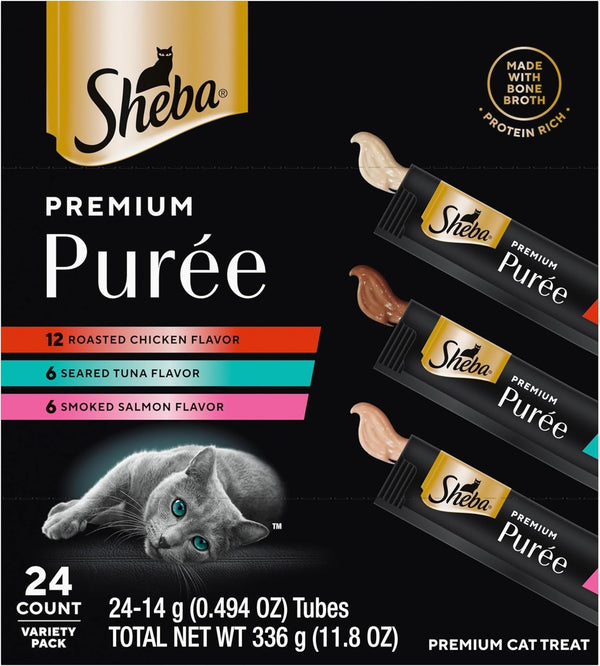 Sheba Premium Puree Lickable Cat Treats, Chicken, Salmon & Tuna, 24 Count | Grain-Free, Real Meat, Squeezable Tubes, No Corn/Wheat/Soy, No Artificial Flavors, Creamy Texture, 0.49 Oz. Tubes1