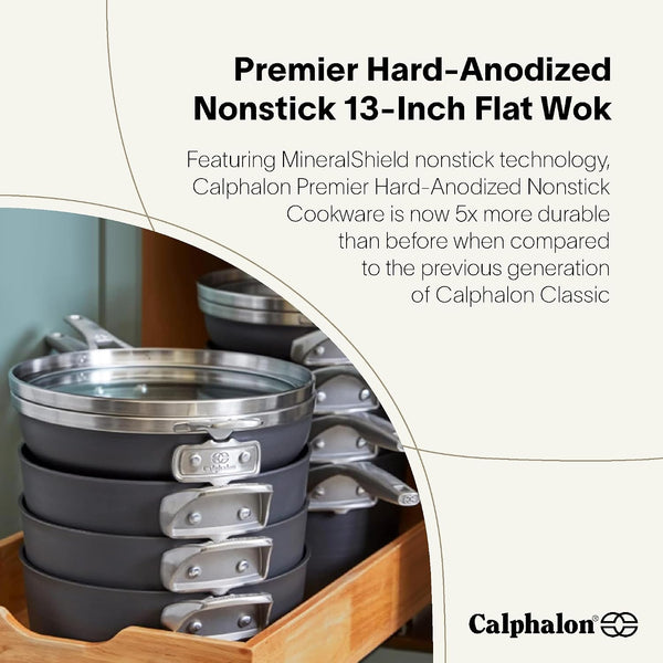 Calphalon Premier Hard-Anodized Nonstick Flat Wok Frying Pan with Mineralshield Technology, 13", Black2