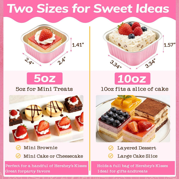 Mini Cake Pans with Lids, 50 Pack Pink 5Oz for Picnic Desserts | Good for Fudge, Gelatin Desserts, Baked Custard and Cold Treats; Clear Top Helps Buyers See the Finished Look.6