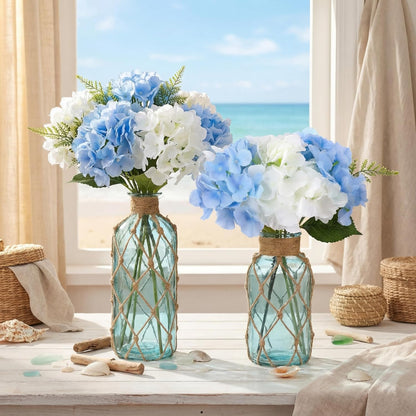 Set of 2 Coastal Glass Flower Vase with Boho Rope, Light Blue | Coastal Vase, Small Sea Glass Jar, Nautical Beach Bottle for Wedding Table Centerpieces Floral Arrangement Decor3
