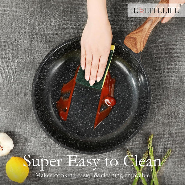 Nonstick Ceramic Frying Pans Skillets Set with Lids, Non-Toxic Egg Omelette Kitchen Cooking Pans Compatible with All Stovetops (Gas, Electric & Induction), PTFE & PFOA Free (Black)6